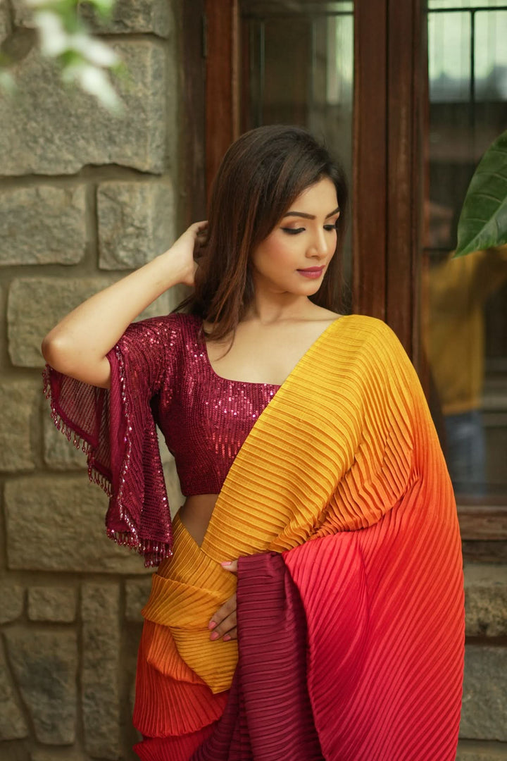 Ombre Pleated Satin saree in Yellow, Orange and Red Gradient, No Blouse Piece