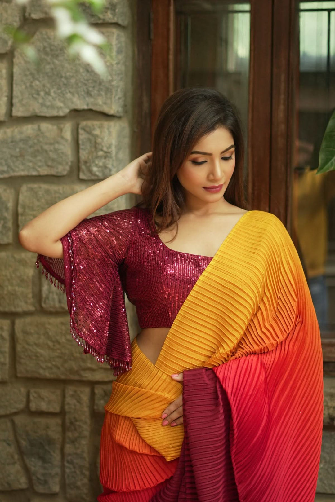 Ombre Pleated Satin saree in Yellow, Orange and Red Gradient, No Blouse Piece