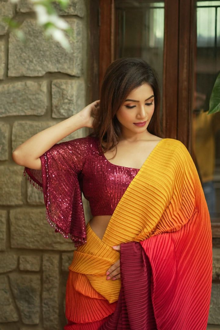 Ombre Pleated Satin saree in Yellow, Orange and Red Gradient, No Blouse Piece