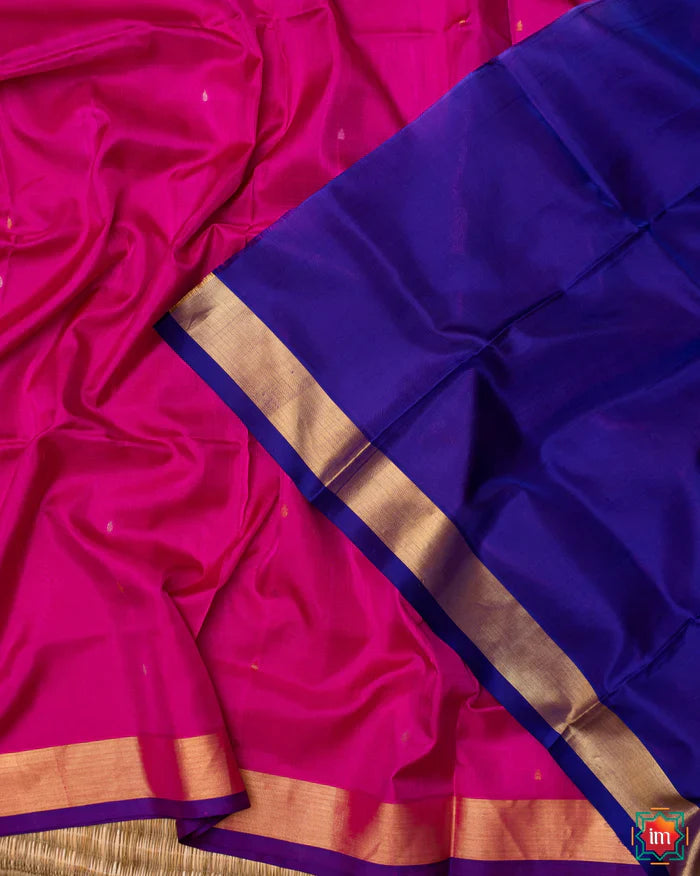 Magenta Venkatgiri Silk Jamdhani Saree with minimal Blue Border