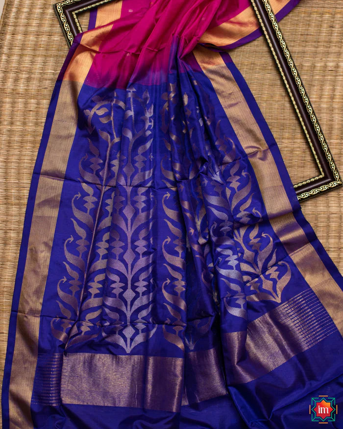 Magenta Venkatgiri Silk Jamdhani Saree with minimal Blue Border
