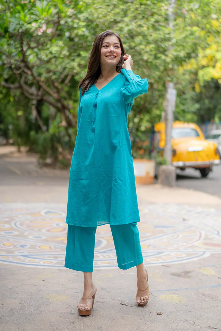 Turquoise Blue Pure Cotton Co-ord Set | SHOBITAM