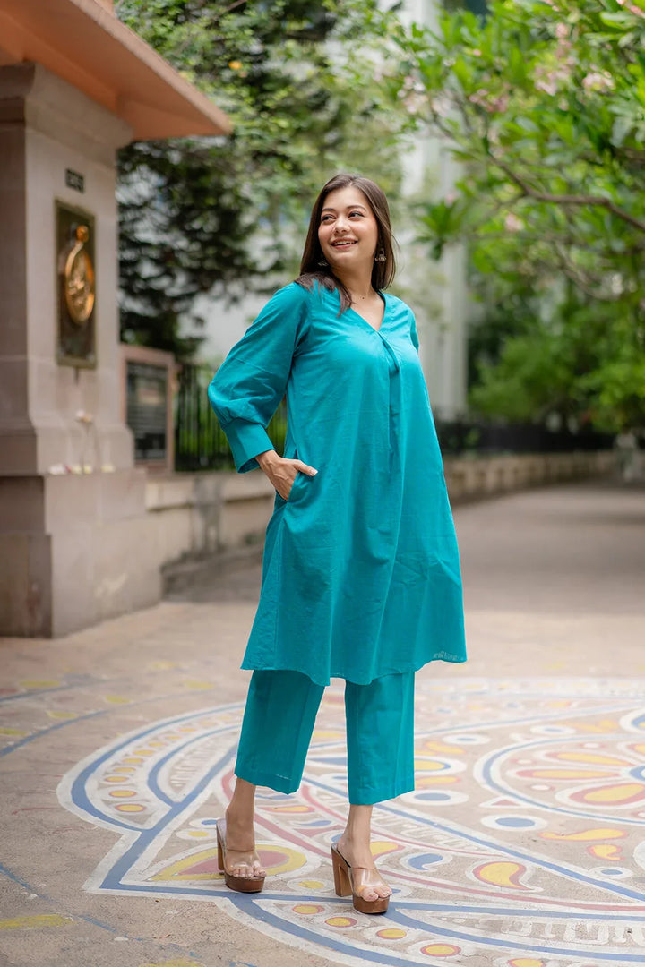Turquoise Blue Pure Cotton Co-ord Set | SHOBITAM