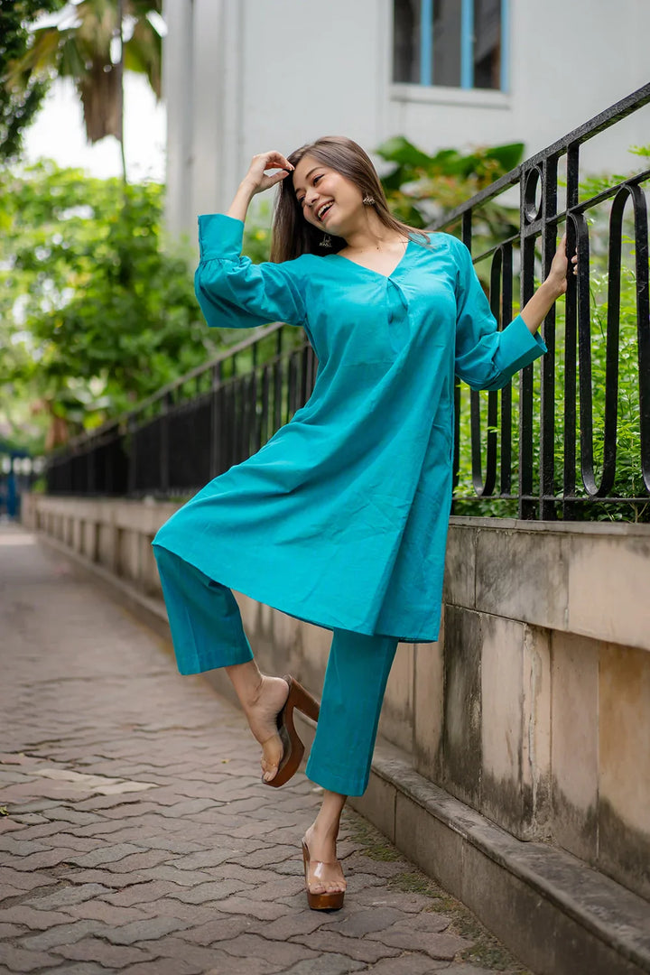 Turquoise Blue Pure Cotton Co-ord Set | SHOBITAM