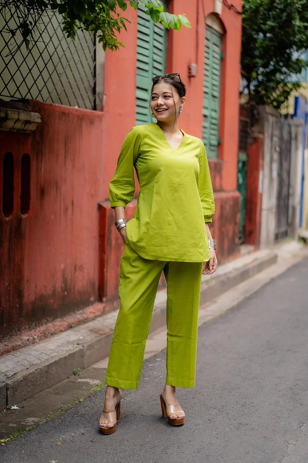 Green Malai Cotton Co-ord Set | SHOBITAM