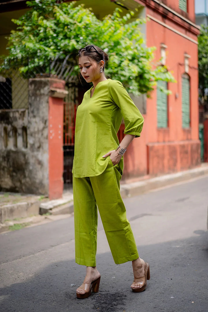 Green Malai Cotton Co-ord Set | SHOBITAM