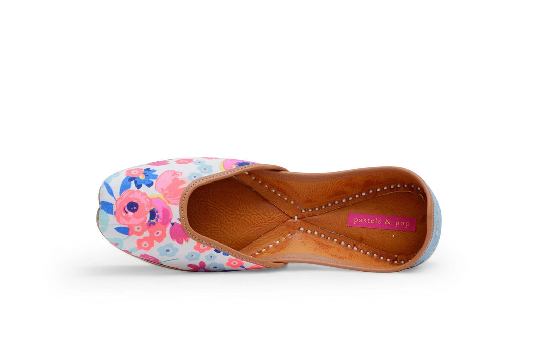 BOUQUET Multicolor Floral and Light Blue Denim Punjabi Juttis | SHOBITAM