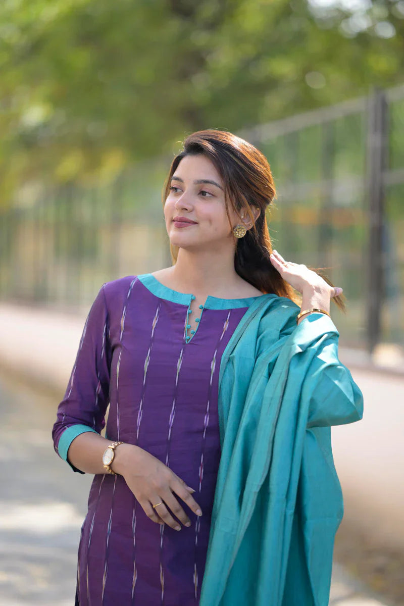 Teal and Violet 3 Piece Kurti Set | Made To Order