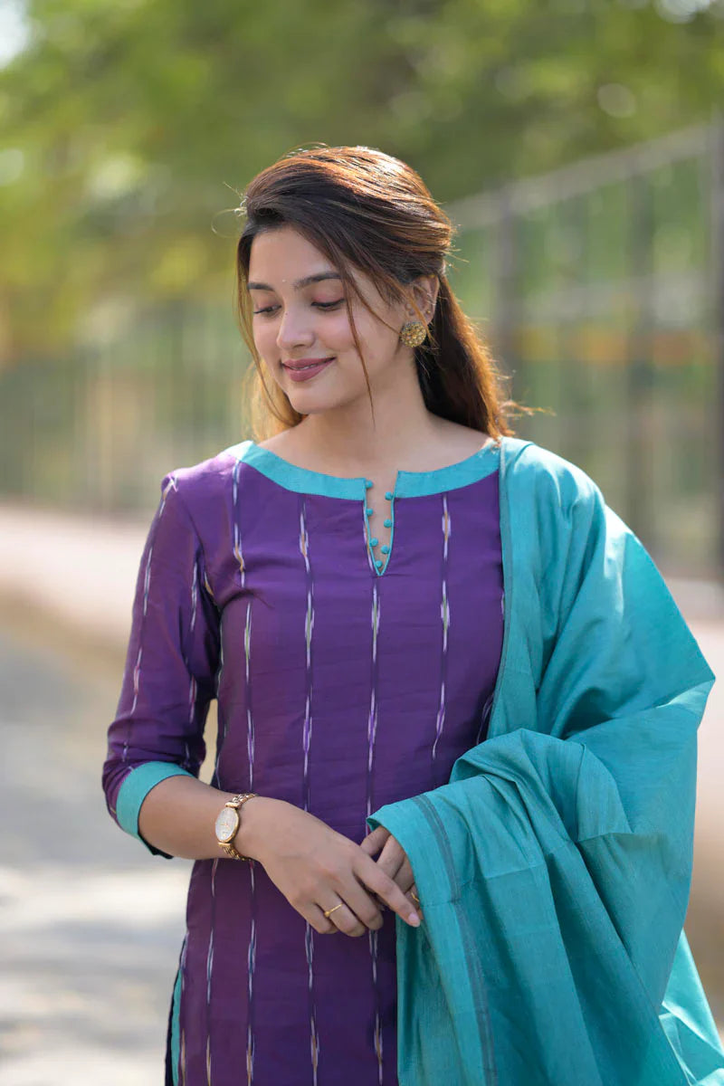 Teal and Violet 3 Piece Kurti Set | Made To Order