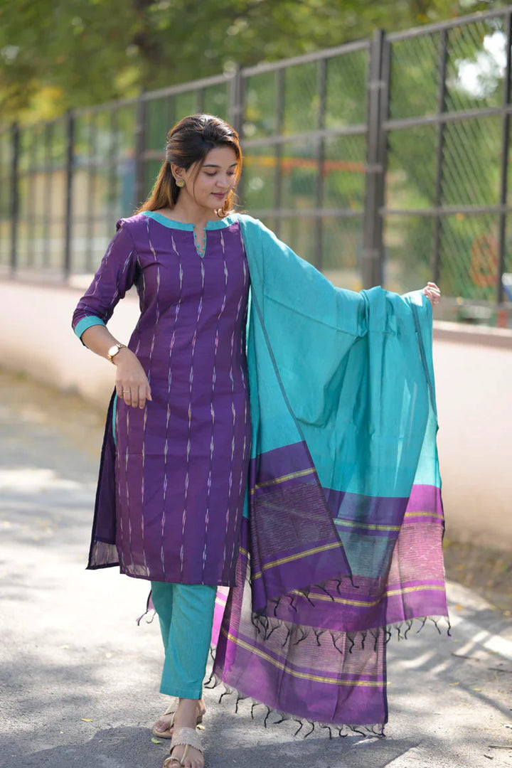 Teal and Violet 3 Piece Kurti Set | Made To Order
