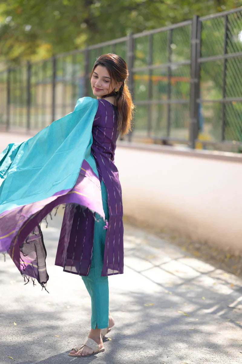 Teal and Violet 3 Piece Kurti Set | Made To Order