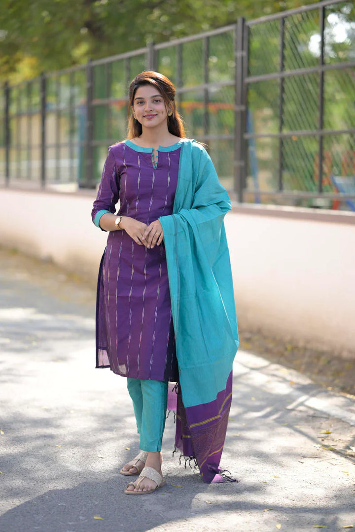 Teal and Violet 3 Piece Kurti Set | Made To Order