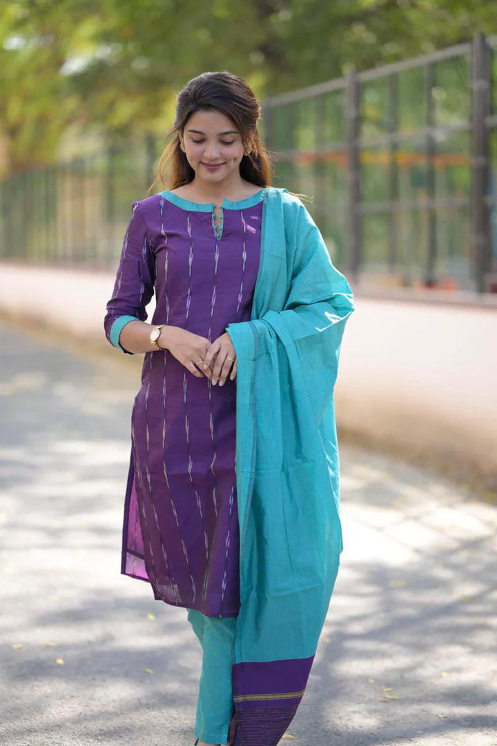 Teal and Violet 3 Piece Kurti Set | Made To Order