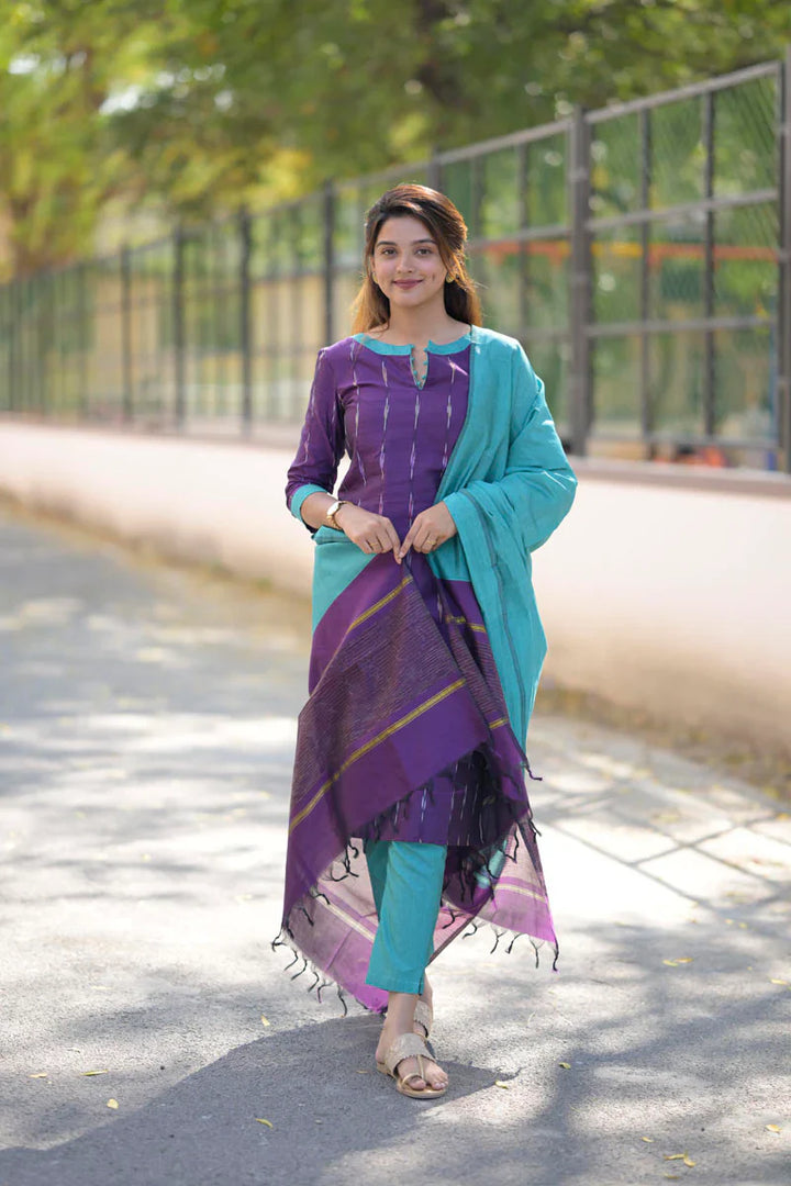 Teal and Violet 3 Piece Kurti Set | Made To Order