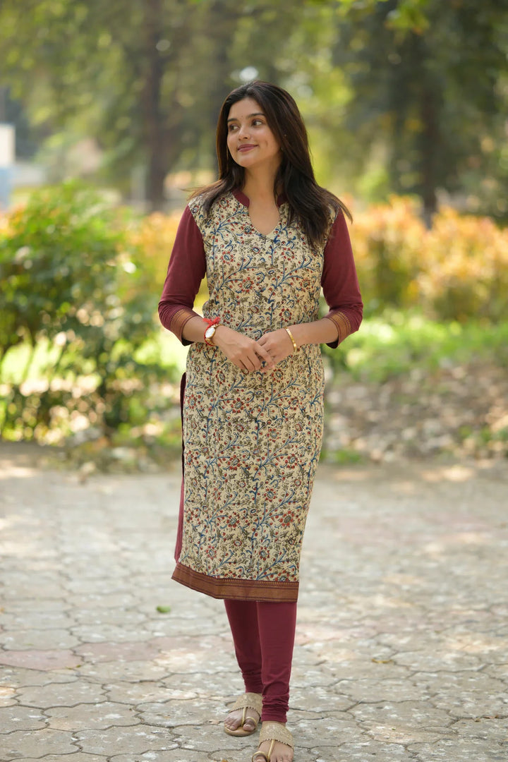 Hamsika White & Maroon Mangalagiri Kurti with Kalamkari Print  | Made To Order