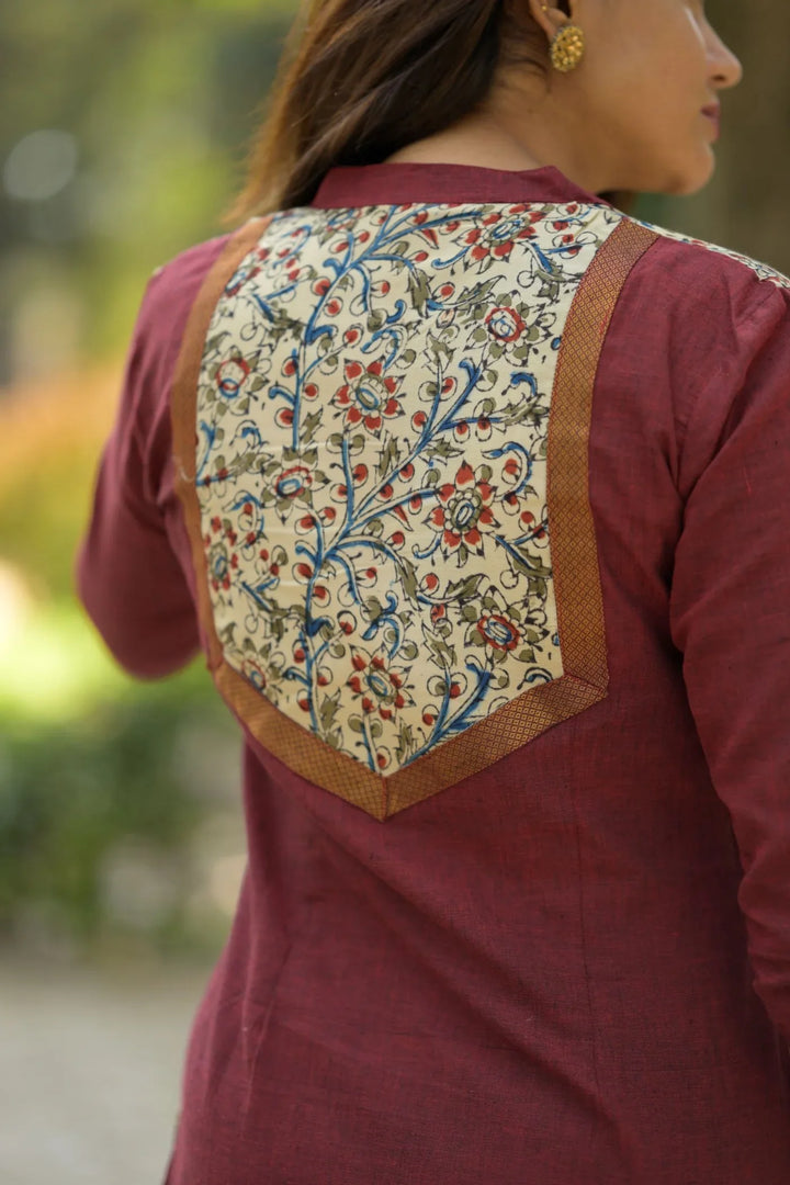 Hamsika White & Maroon Mangalagiri Kurti with Kalamkari Print  | Made To Order