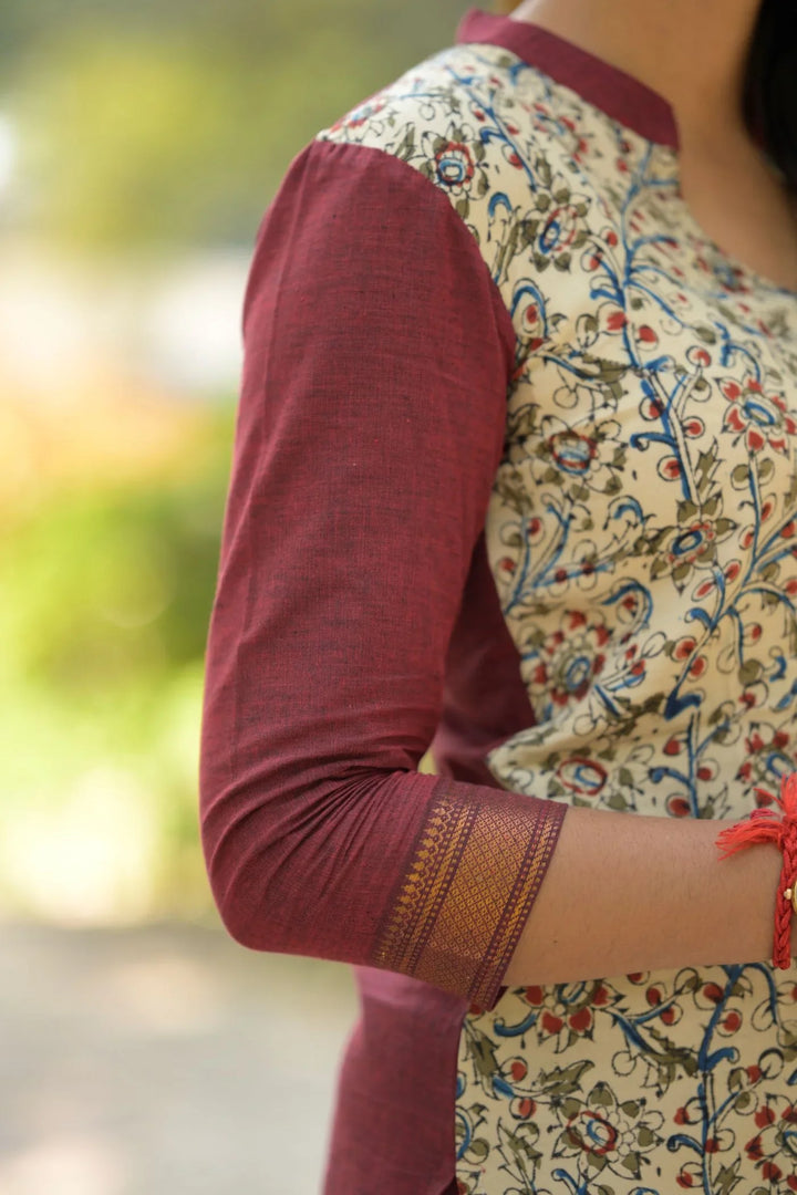 Hamsika White & Maroon Mangalagiri Kurti with Kalamkari Print  | Made To Order