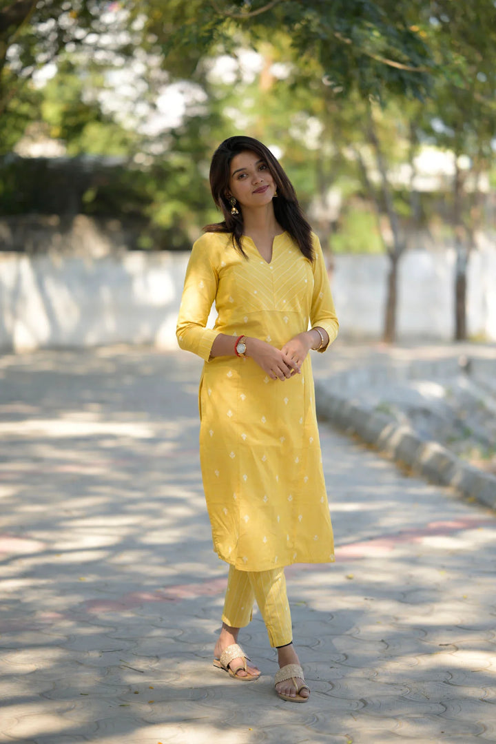 Daffodils Yellow Kurti and Pant 2 piece Set | Made To Order
