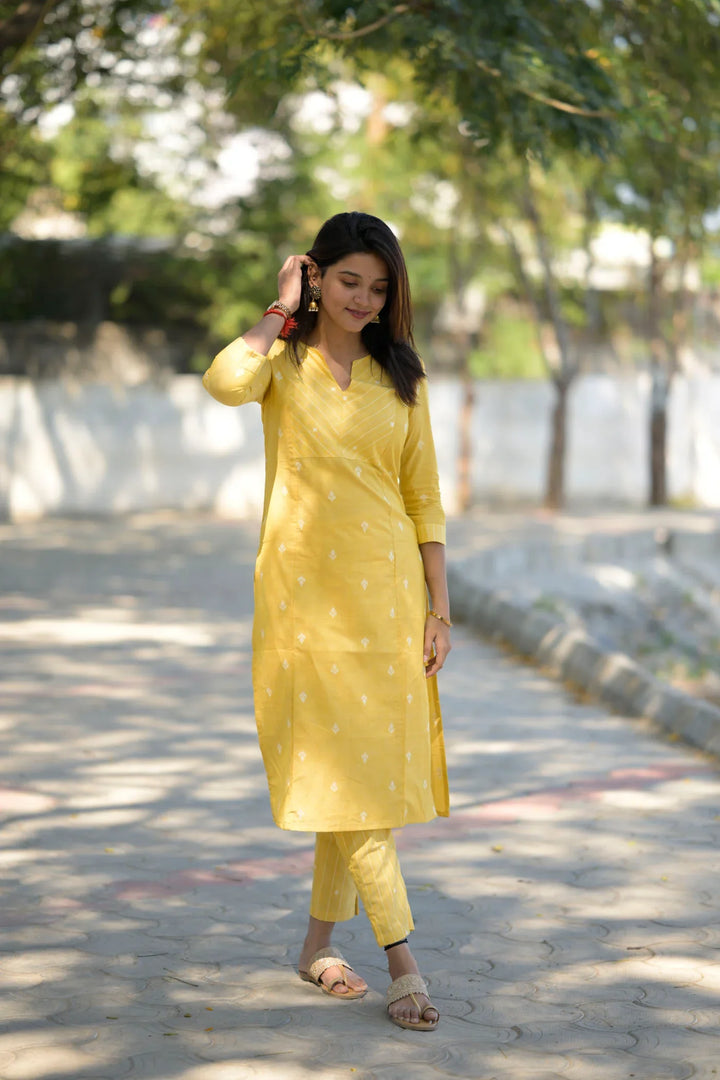 Daffodils Yellow Kurti and Pant 2 piece Set | Made To Order