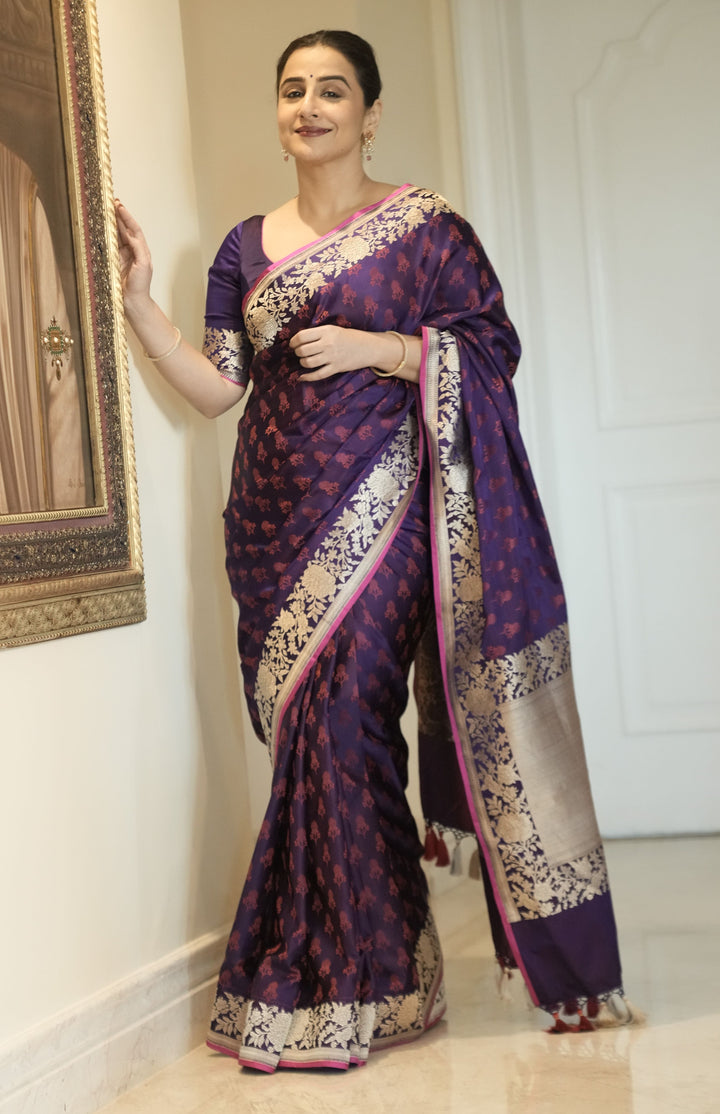 Exquisite Purple Tanchoi Banarasi Silk Saree in Pure Mashru Silk Meenakari Floral Brocade and Zari Border | SILK MARK CERTIFIED
