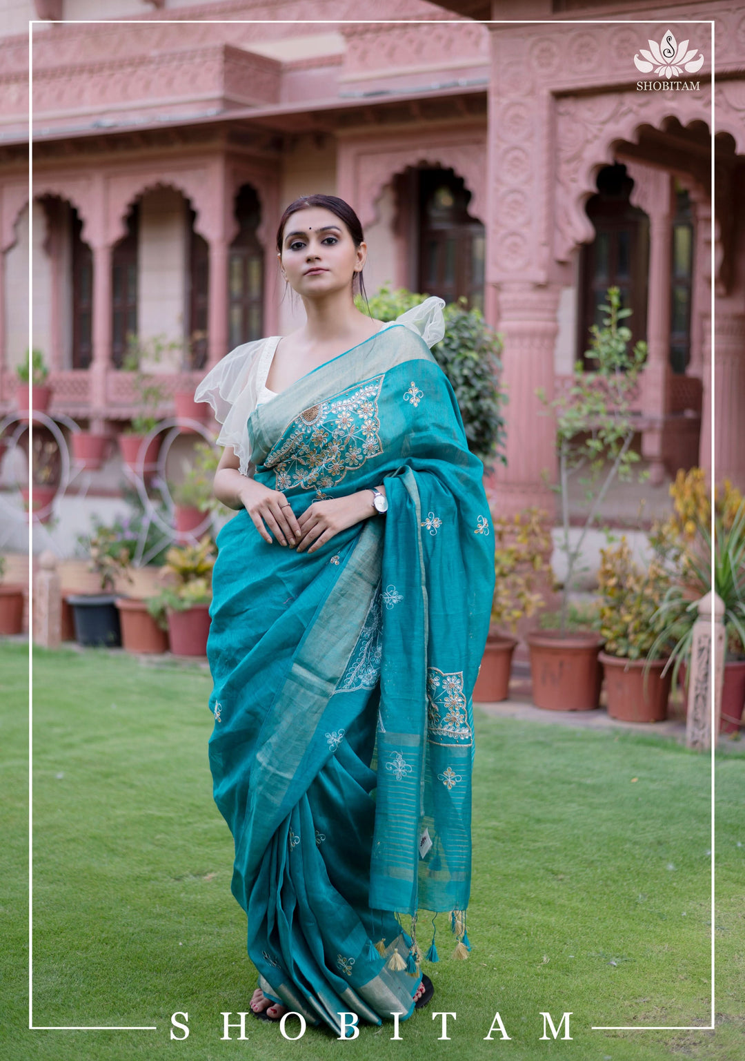 Teal Silk Linen Saree with Embroidery | Shobitam Saree