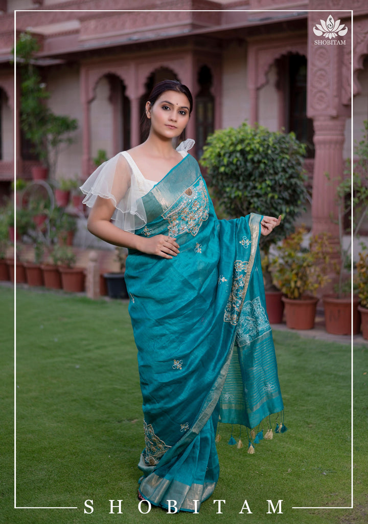 Teal Silk Linen Saree with Embroidery | Shobitam Saree