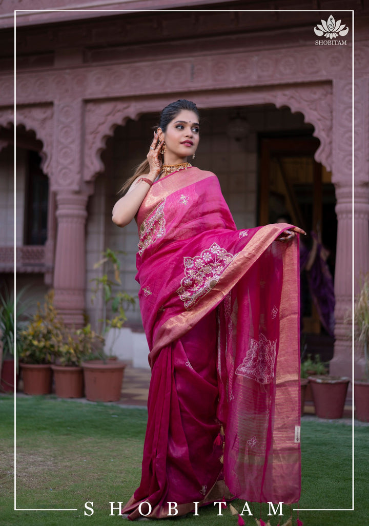 Pink Silk Linen Saree with Embroidery