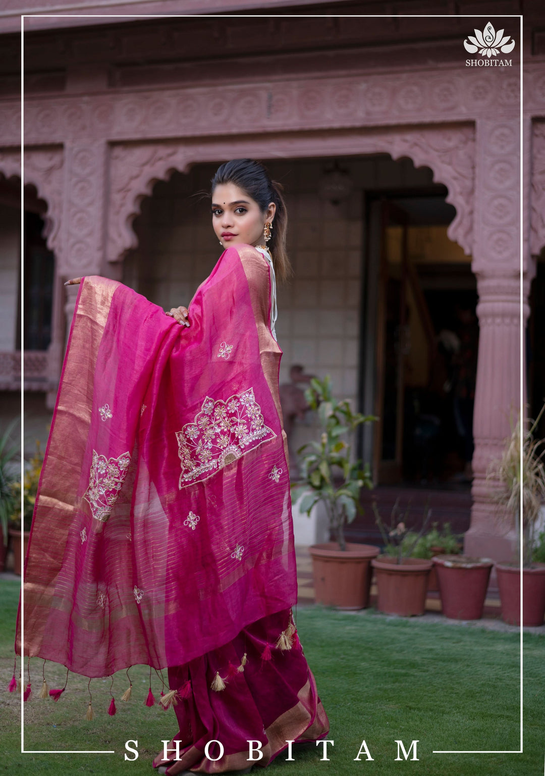 Pink Silk Linen Saree with Embroidery