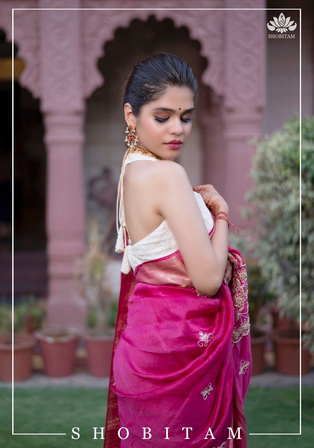 Pink Silk Linen Saree with Embroidery