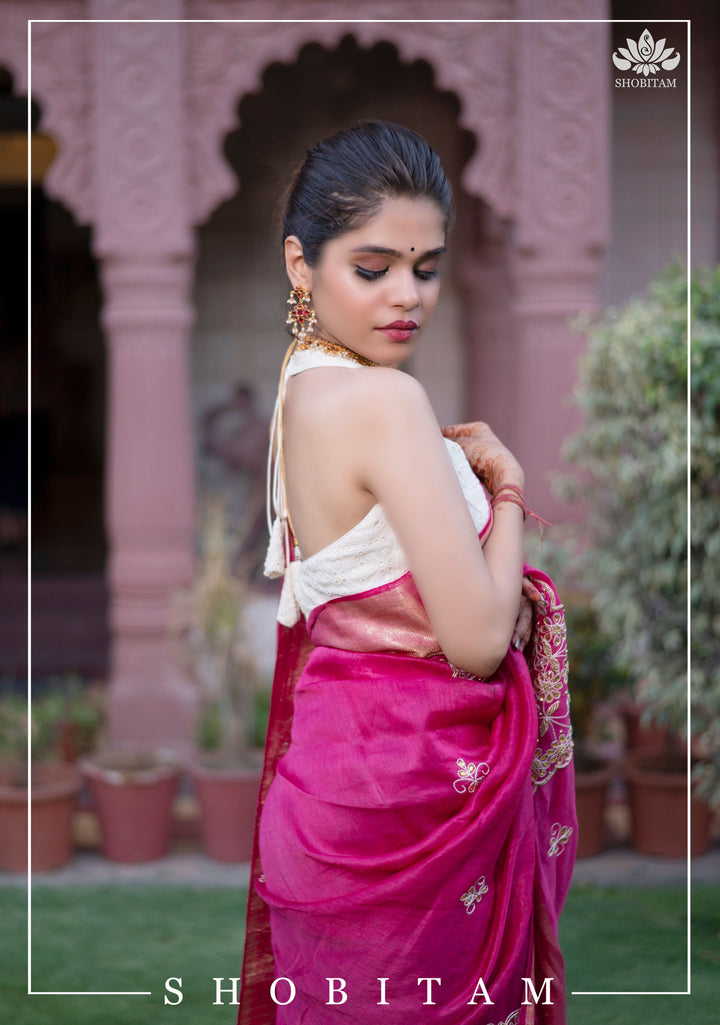 Pink Silk Linen Saree with Embroidery