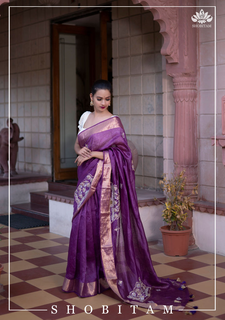 Purple Silk Linen Saree with Embroidery