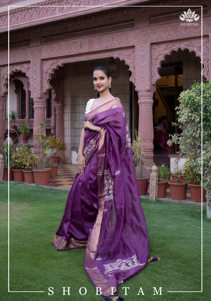 Purple Silk Linen Saree with Embroidery