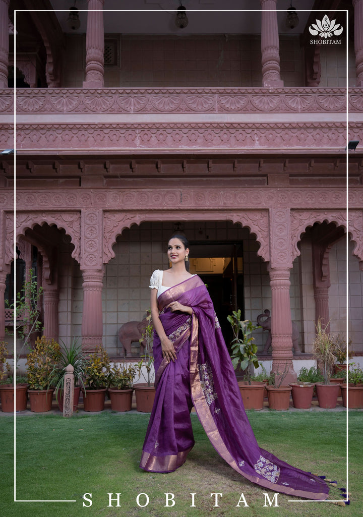 Purple Silk Linen Saree with Embroidery
