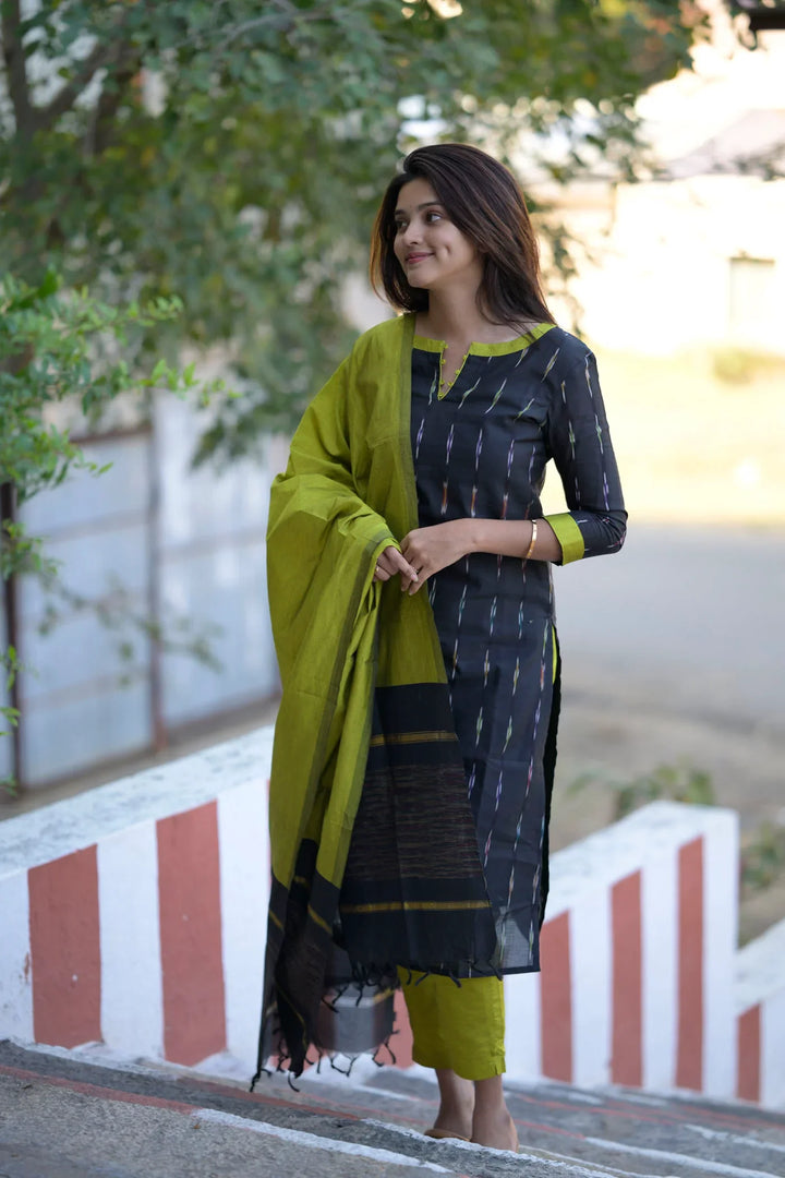 Blue Black and Moss Green 3 piece Kurti Set | Made To Order