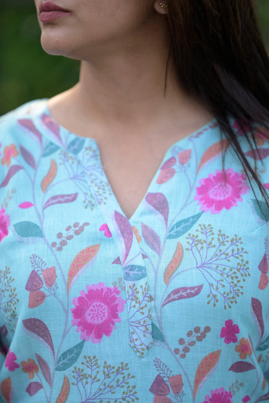 Aqua Floral 2 Piece Jute Cotton Kurti Set | Made To Order