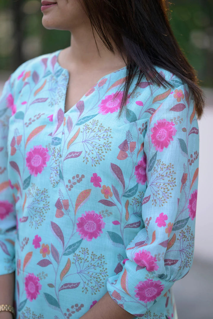 Aqua Floral 2 Piece Jute Cotton Kurti Set | Made To Order