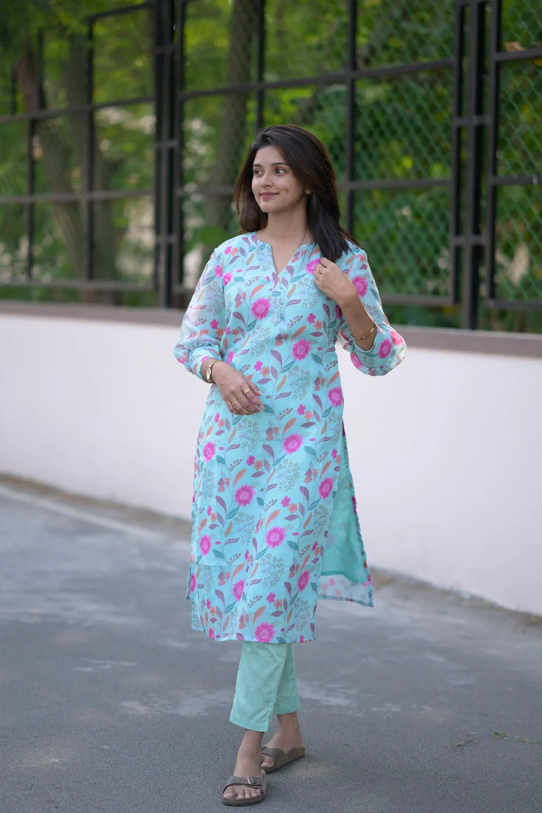 Aqua Floral 2 Piece Jute Cotton Kurti Set | Made To Order