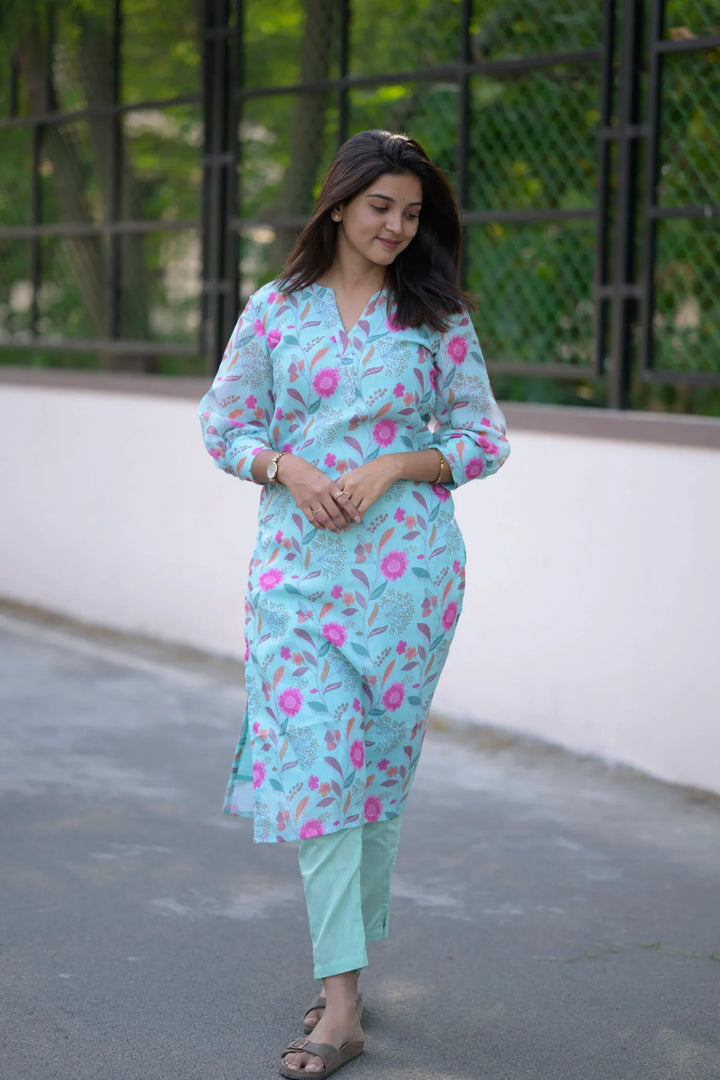 Aqua Floral 2 Piece Jute Cotton Kurti Set | Made To Order