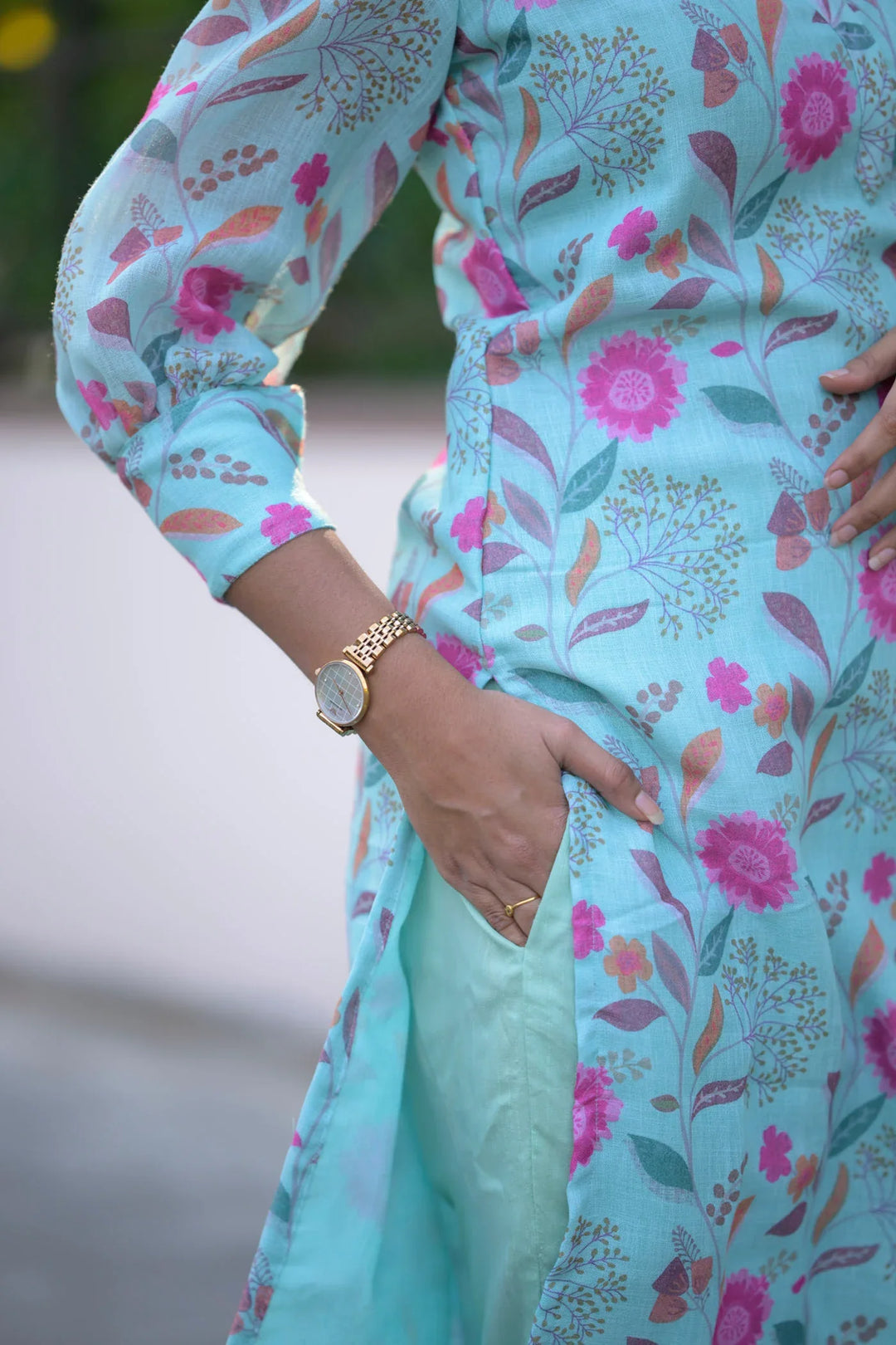 Aqua Floral 2 Piece Jute Cotton Kurti Set | Made To Order