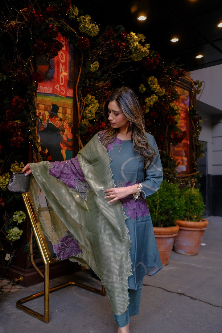 Teal Green With Purple Floral Print Suit Set with Cut Work and Scallope Dupatta with Beads and Zari Thredle Work - SET OF -3 | SHOBITAM