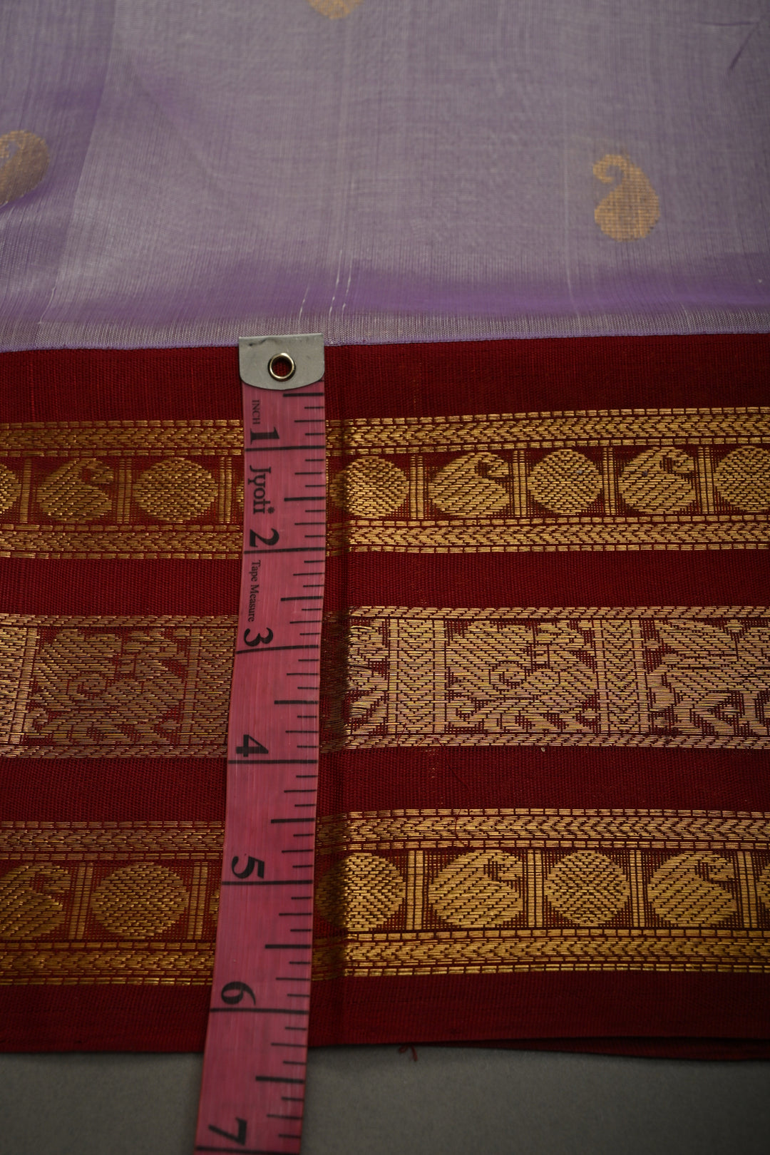 Dusty Amethyst Kanchi Silk Cotton Handloom Saree with Zari Buttas and Maroon Contrast Zari Border
