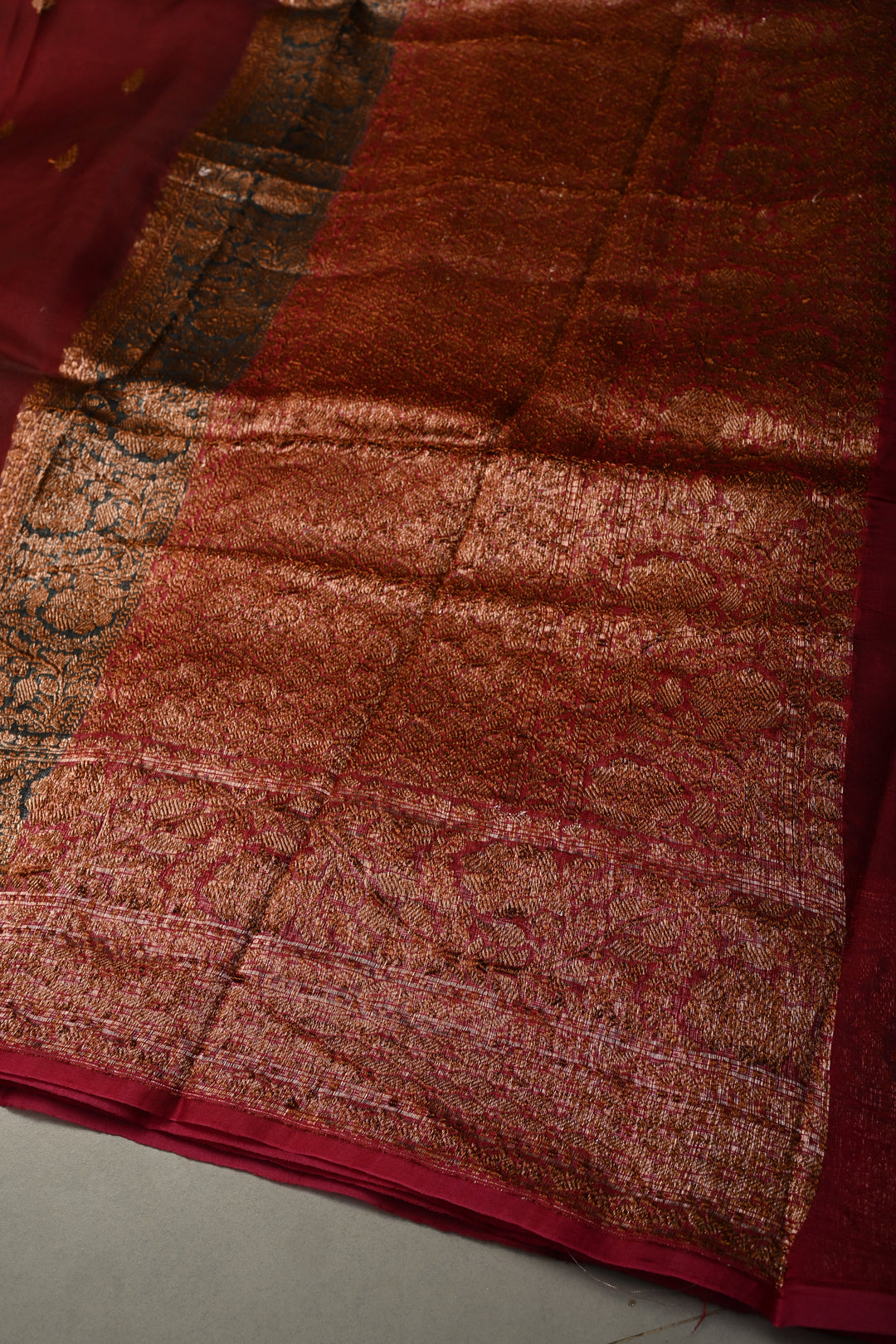 Rich Maroon Pure Banarasi Kora Silk Saree with Oxidized Zari Buttas and Green-Red Two Tone Zari Border | SILK MARK CERTIFIED | SHOBITAM