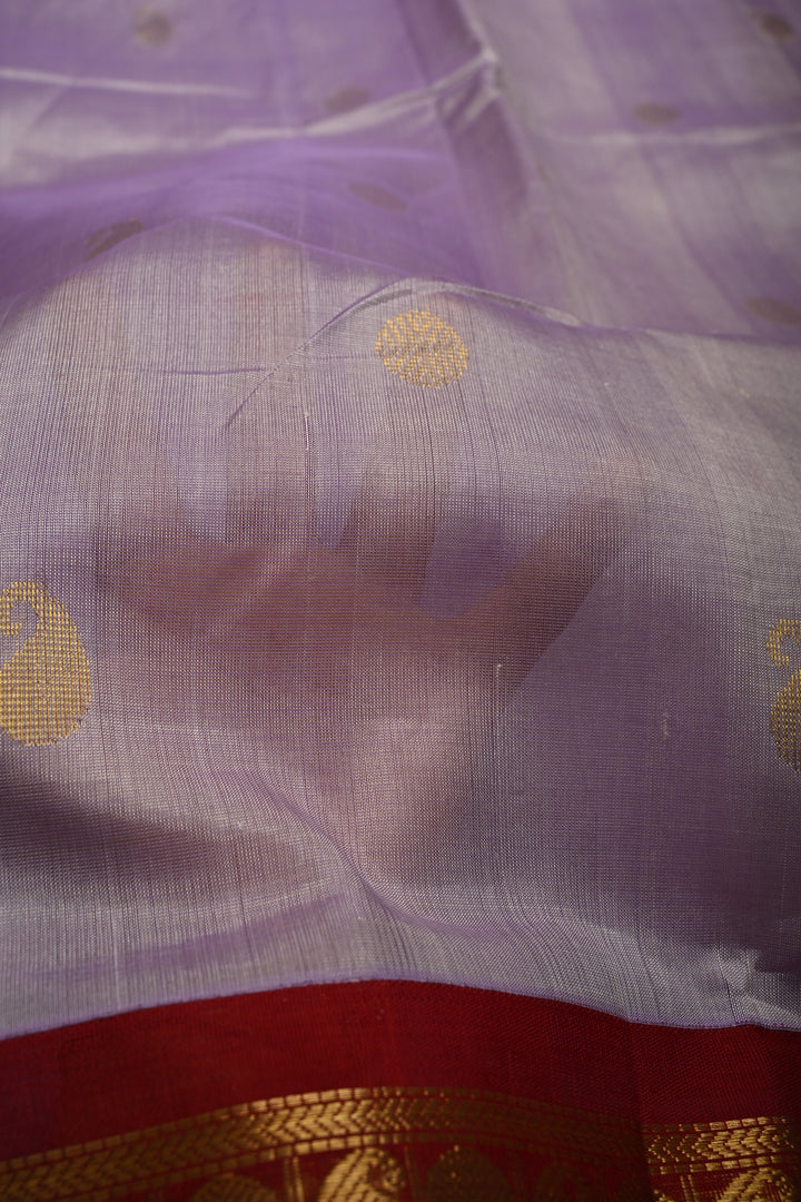 Dusty Amethyst Kanchi Silk Cotton Handloom Saree with Zari Buttas and Maroon Contrast Zari Border