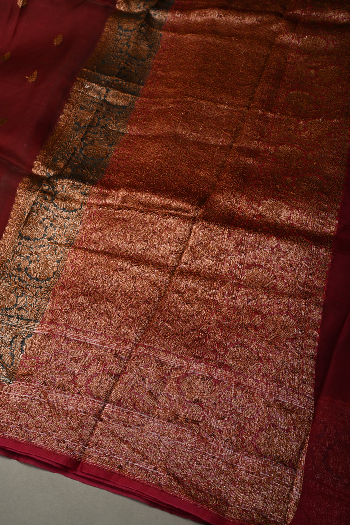 Rich Maroon Pure Banarasi Kora Silk Saree with Oxidized Zari Buttas and Green-Red Two Tone Zari Border | SILK MARK CERTIFIED | SHOBITAM