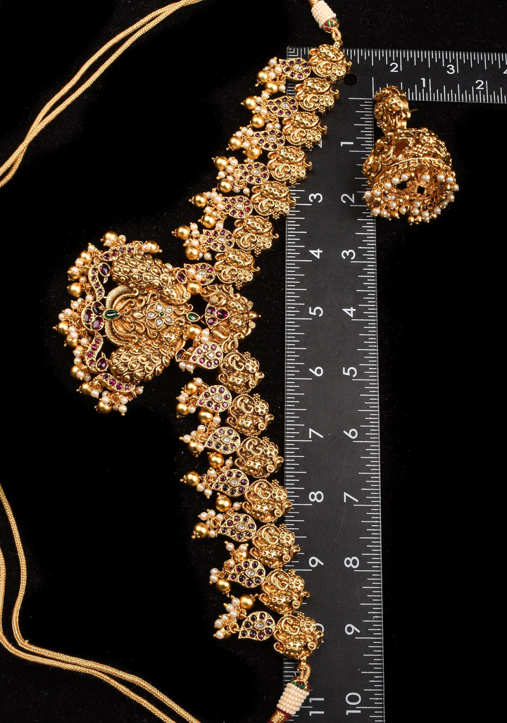 Peacock and Mango Units with Dangling Beads Necklace Set with Matching Earrings