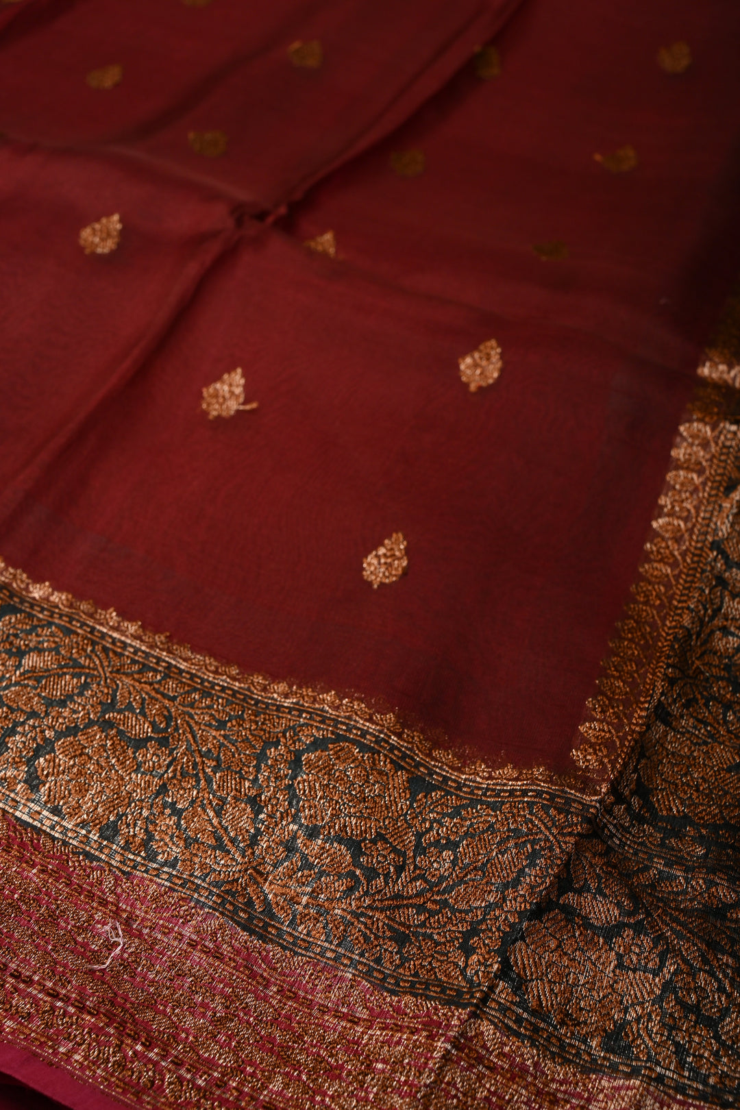 Rich Maroon Pure Banarasi Kora Silk Saree with Oxidized Zari Buttas and Green-Red Two Tone Zari Border | SILK MARK CERTIFIED | SHOBITAM