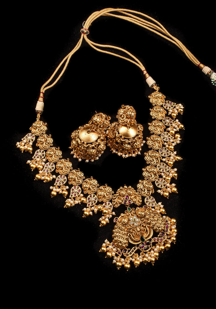 Peacock and Mango Units with Dangling Beads Necklace Set with Matching Earrings