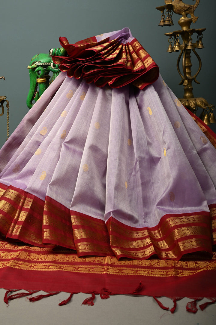 Dusty Amethyst Kanchi Silk Cotton Handloom Saree with Zari Buttas and Maroon Contrast Zari Border