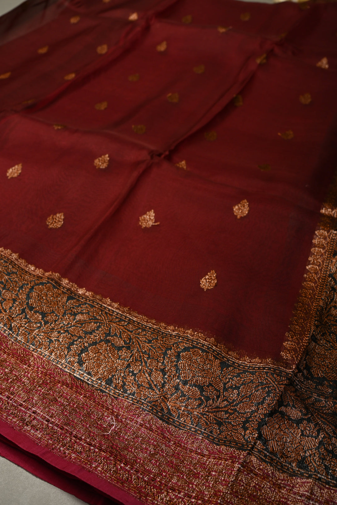 Rich Maroon Pure Banarasi Kora Silk Saree with Oxidized Zari Buttas and Green-Red Two Tone Zari Border | SILK MARK CERTIFIED | SHOBITAM
