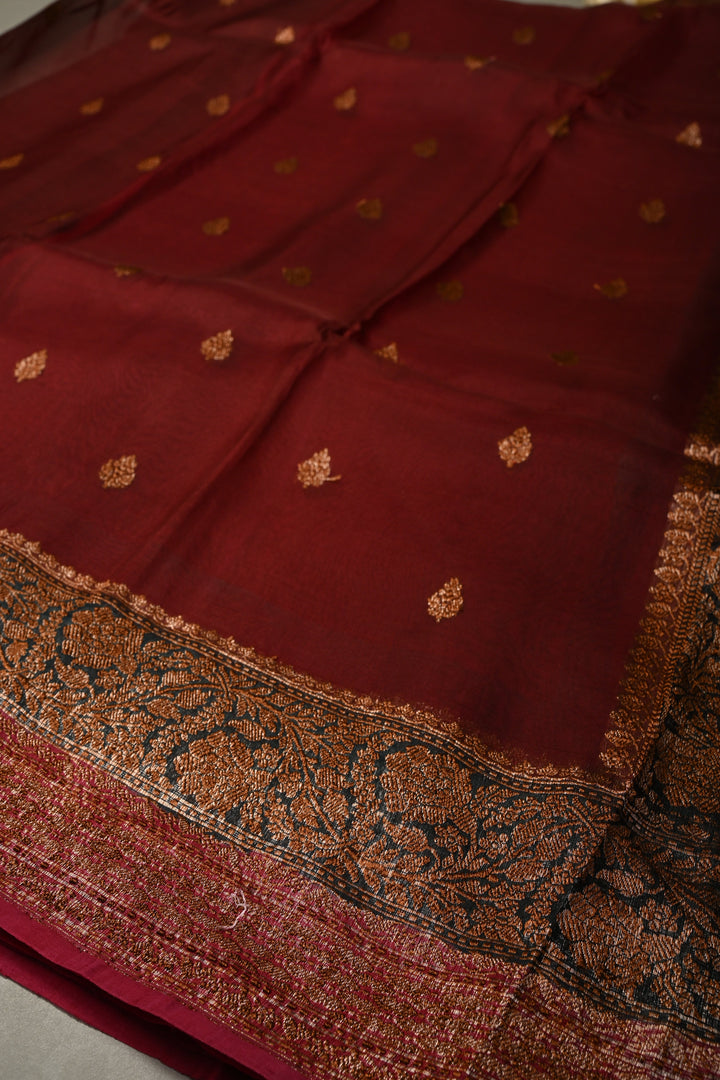 Rich Maroon Pure Banarasi Kora Silk Saree with Oxidized Zari Buttas and Green-Red Two Tone Zari Border | SILK MARK CERTIFIED | SHOBITAM